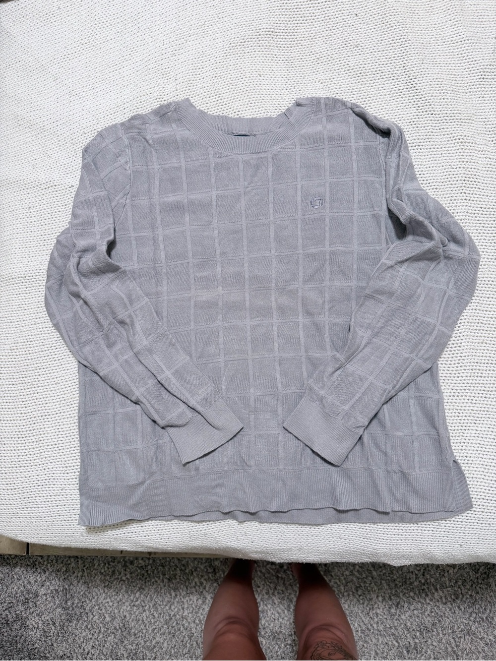 Chase Bank Light Gray Windowpane Crewneck Sweater